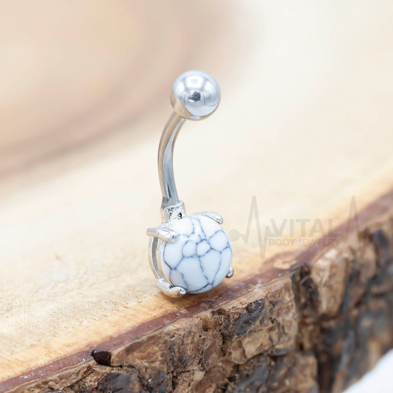 14G surgical steel belly button ring with turquoise and howlite stones, externally threaded design for secure fit and comfort