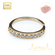 20G 14K gold bendable nose hoop ring adorned with 10 sparkling CZ gems for a stylish and customizable fit.