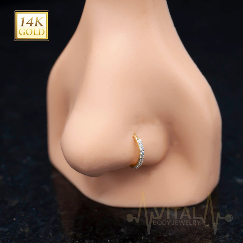 14K Gold 20G Bendable Nose Hoop Rings, with 10 CZ Gems. For Ear Cartilage, Eyebrow, Nose and More - Vital Body Jewelry
