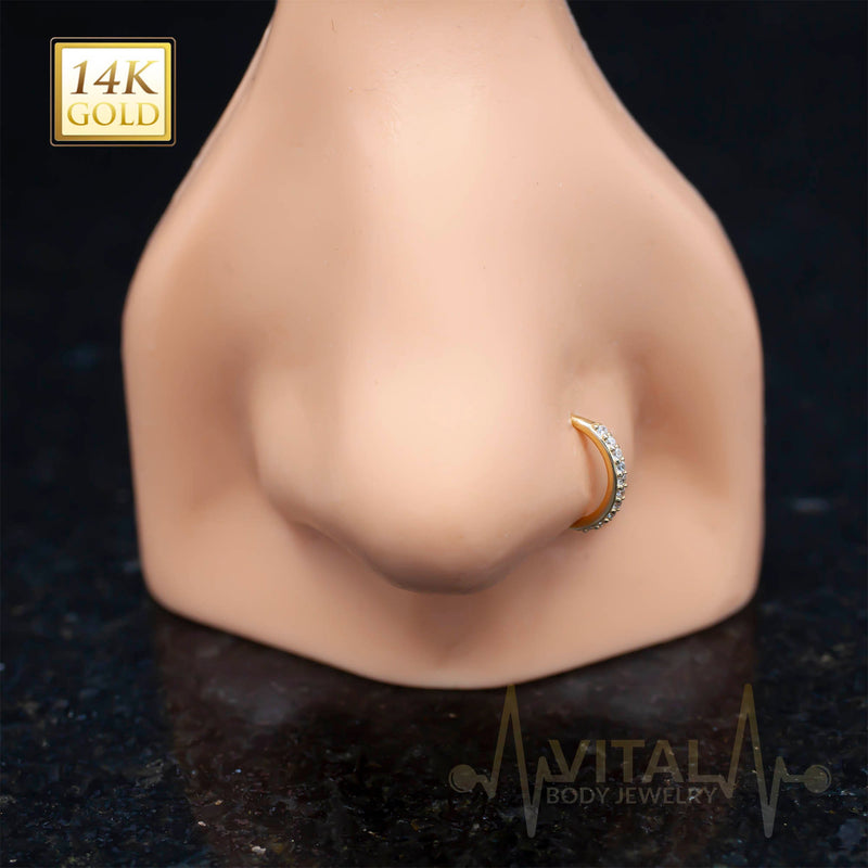 14K Gold 20G Bendable Nose Hoop Rings, with 10 CZ Gems. For Ear Cartilage, Eyebrow, Nose and More - Vital Body Jewelry