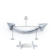 16G surgical steel eyebrow ring with sharp spike ends, 3/8" length for secure fit and comfortable everyday wear
