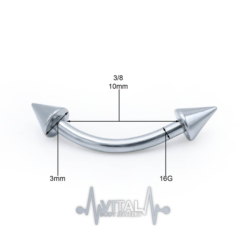 16G surgical steel eyebrow ring with sharp spike ends, 3/8" length for secure fit and comfortable everyday wear