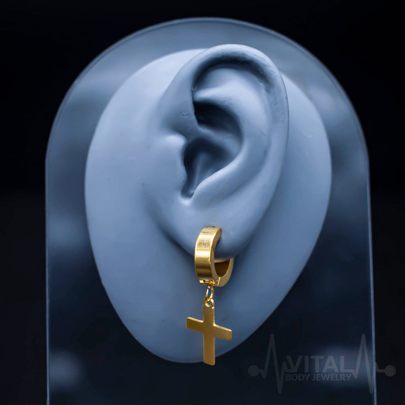 20GA stainless steel hinged hoop cross earrings with dangle design, available in black, silver, and gold colors.