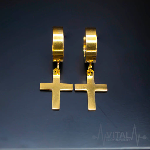 Pair of Cross Earrings in Black, Silver and Gold Colors, Hinged Hoop with Cross Dangle for Men and Women