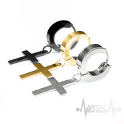 20GA 316L stainless steel hinged hoop cross earrings with dangle design, available in black, silver, and gold colors