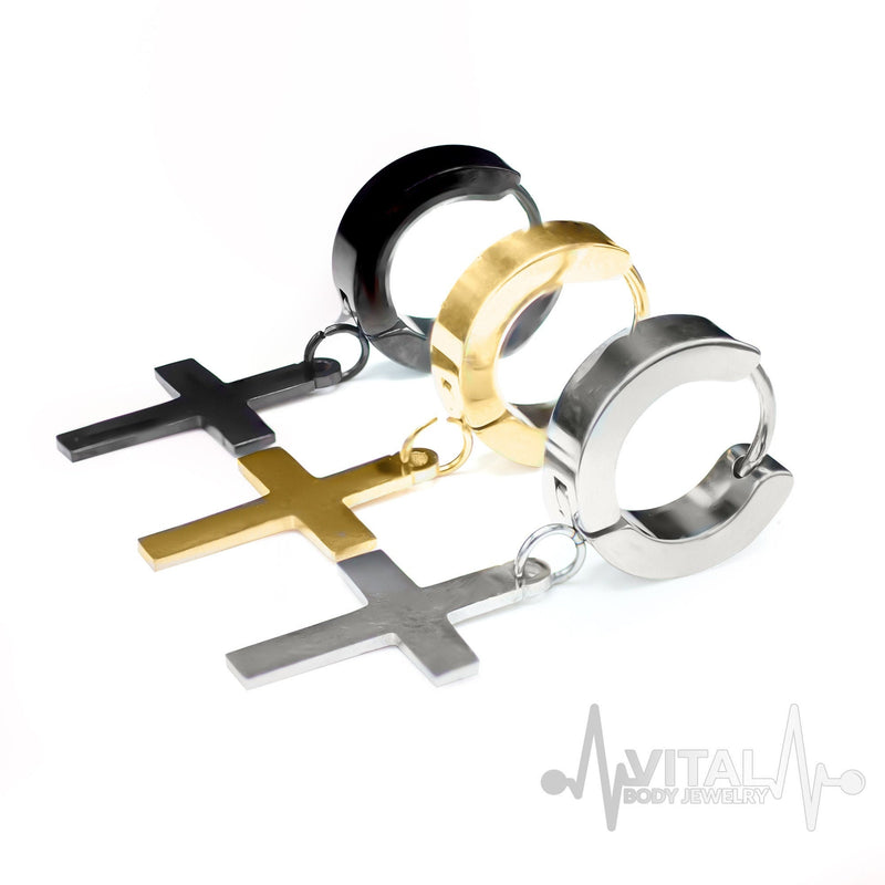 20GA 316L stainless steel hinged hoop cross earrings with dangle design, available in black, silver, and gold colors