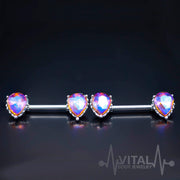 14G surgical steel nipple bars with double front facing purple Aurora Borealis cubic zirconia gems for captivating sparkle and style