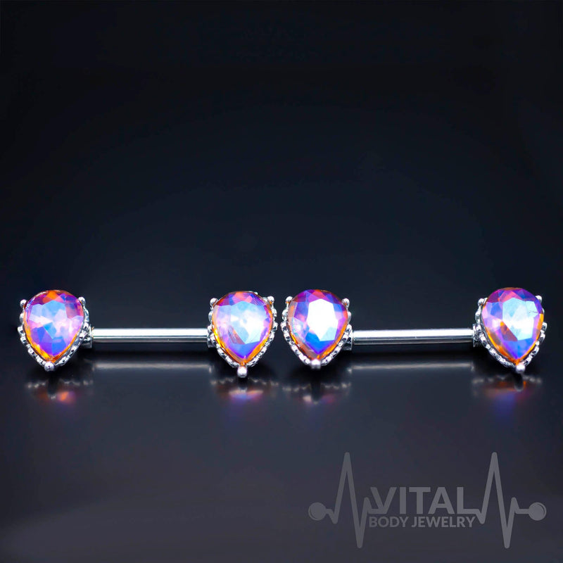 14G surgical steel nipple bars with double front facing purple Aurora Borealis cubic zirconia gems for captivating sparkle and style