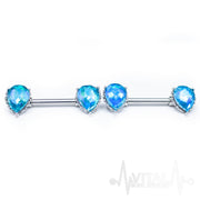 14G surgical steel nipple bars with aqua Aurora Borealis CZ gems and externally threaded double front facing design.