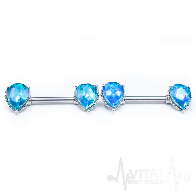14G surgical steel nipple bars with aqua Aurora Borealis CZ gems and externally threaded double front facing design.