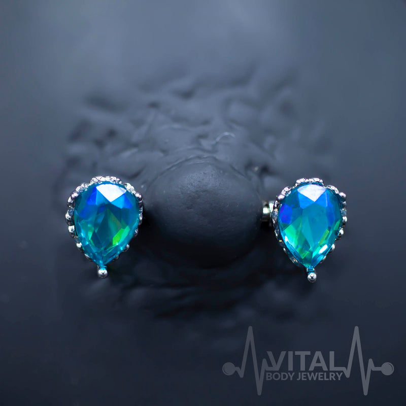 14G surgical steel nipple bars with aqua aurora borealis cubic zirconia gems in a teardrop design for vibrant sparkle