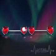 14G surgical steel nipple barbell with red aurora borealis cubic zirconia gems in teardrop front-facing design