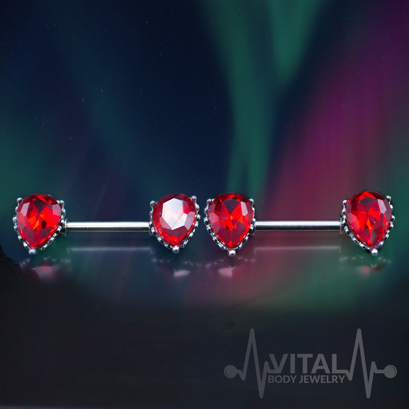 14G surgical steel nipple barbell with red aurora borealis cubic zirconia gems in teardrop front-facing design