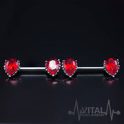 14G surgical steel nipple barbell with red aurora borealis cubic zirconia gems, featuring double front-facing design for added sparkle
