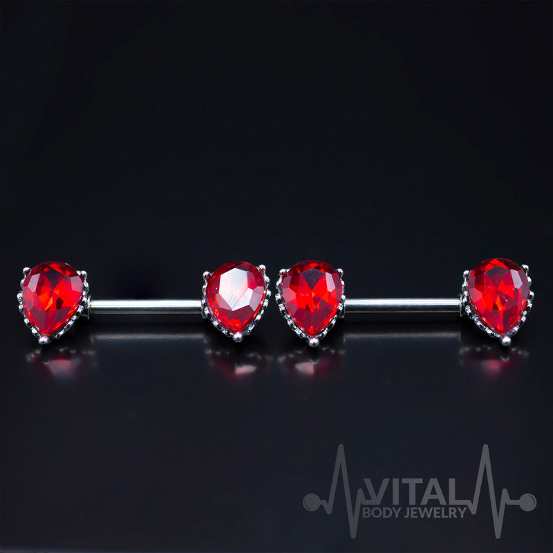 14G surgical steel nipple barbell with red aurora borealis cubic zirconia gems, featuring double front-facing design for added sparkle