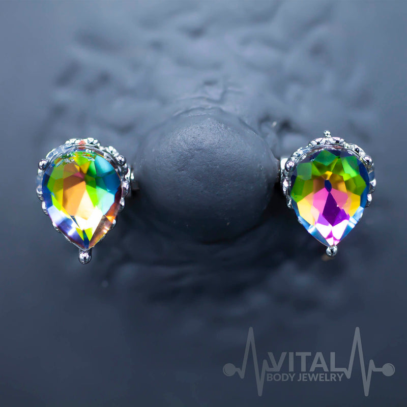 14G surgical steel nipple bars with Vitrail Medium cubic zirconia gems, featuring externally threaded design and 7mm ball ends.