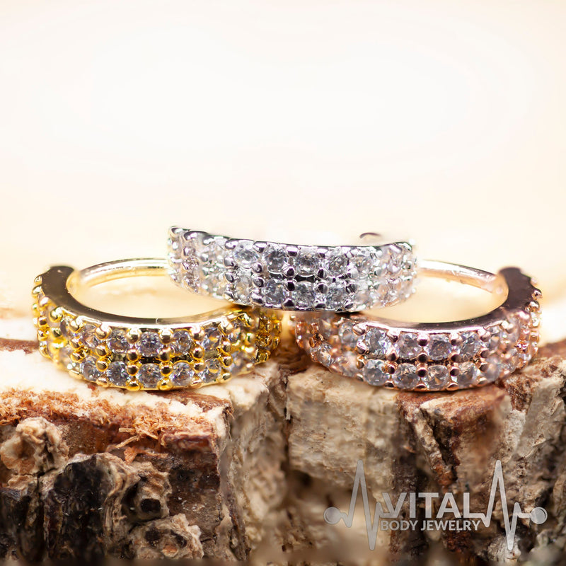 20G annealed steel bendable hoop ring with 30 cubic zirconia gems for versatile piercings such as cartilage, nose, and eyebrow.