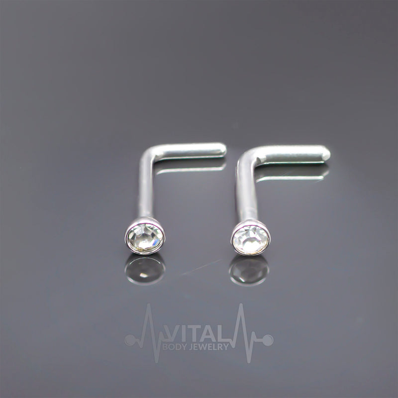 18G surgical steel L-bend nose stud with 2mm cubic zirconia gem for secure and comfortable wear