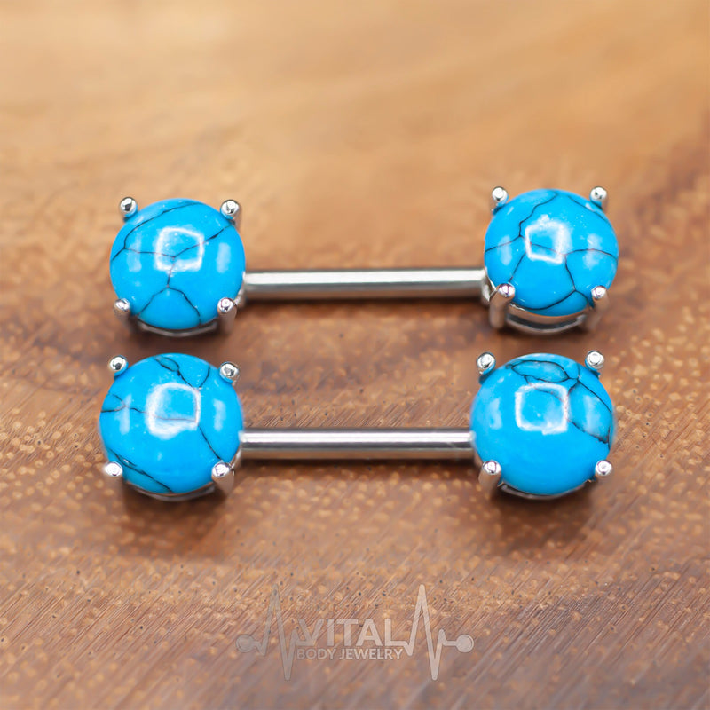 14G surgical steel nipple barbell with amethyst, turquoise, opalite, and tiger eye semi-precious stones, designed with externally threaded double front facing gems