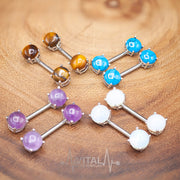 14G surgical steel nipple barbell with double front-facing semi-precious stones including amethyst, turquoise, opalite, and tiger eye