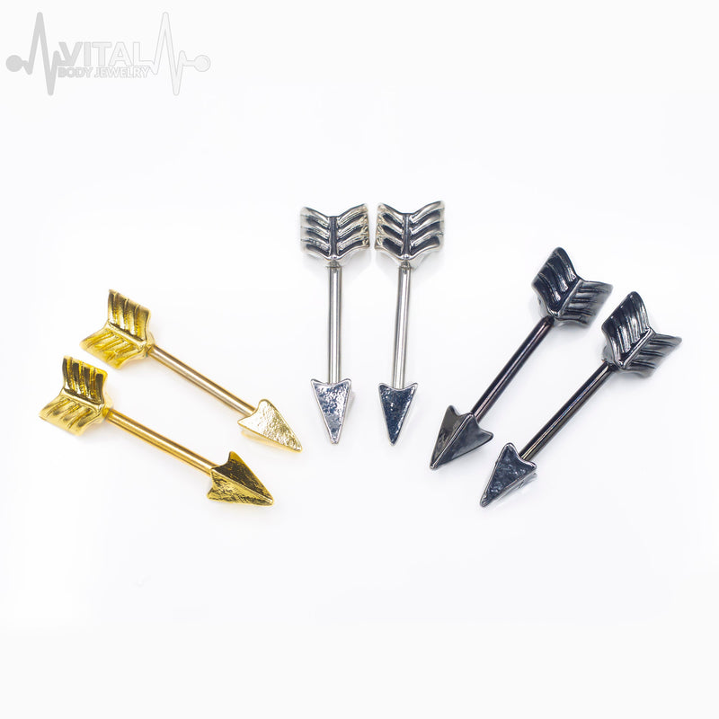 14G surgical steel nipple bars with arrow design for stylish body jewelry, lightweight and comfortable for all-day wear