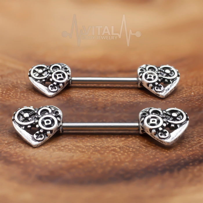 Pair of SteamPunk Heart Nipple Bars Rings - 316L Surgical Steel Barbell - Antique Gold and silver color
