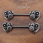 Pair of SteamPunk Heart Nipple Bars Rings - 316L Surgical Steel Barbell - Antique Gold and silver color