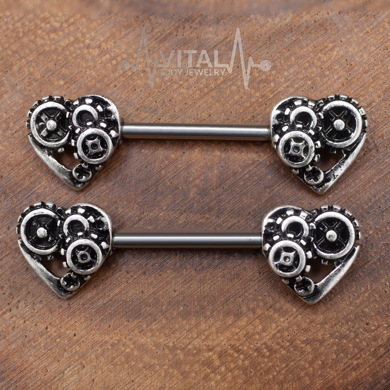 Pair of SteamPunk Heart Nipple Bars Rings - 316L Surgical Steel Barbell - Antique Gold and silver color