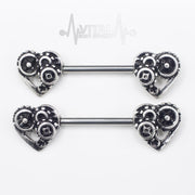 14G surgical steel nipple barbell with steampunk heart design in antique gold and silver finishes for unique style and comfort