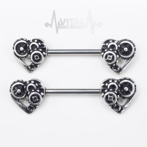 Pair of SteamPunk Heart Nipple Bars Rings - 316L Surgical Steel Barbell - Antique Gold and silver color