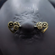 14G surgical steel nipple barbell with steampunk heart design in antique gold and silver finishes for a bold statement