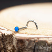 20G surgical steel corkscrew nose ring with multicolor opal gem, designed for a secure fit and all-day comfort.