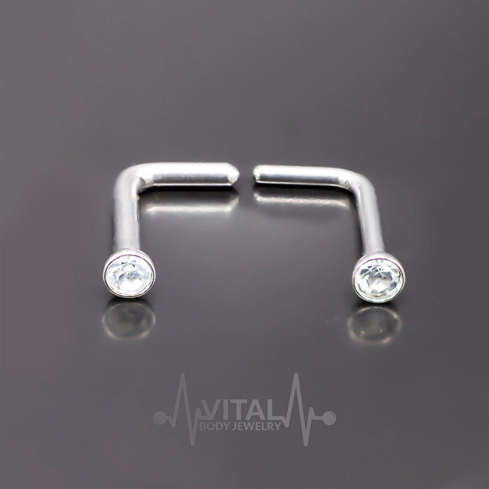 18G and 20G L Shaped Nose Ring Stud, 2mm Cubic Zirconia Clear Gem, Surgical Steel