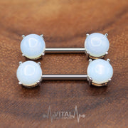14G surgical steel nipple barbell with externally threaded semi-precious stones including Amethyst, Turquoise, Opalite, and Tiger Eye, designed for comfort and style.