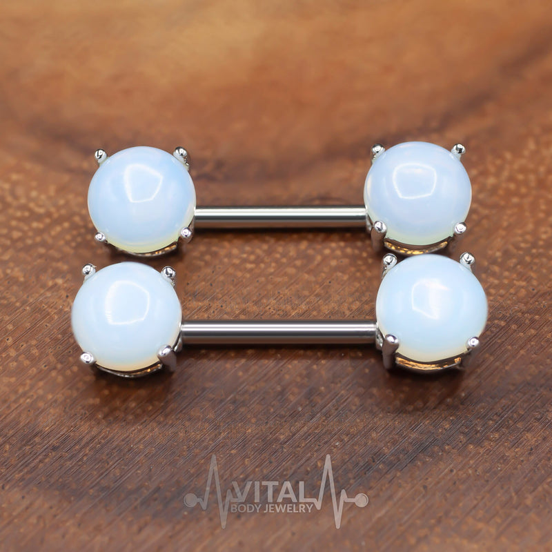 14G surgical steel nipple barbell with externally threaded semi-precious stones including Amethyst, Turquoise, Opalite, and Tiger Eye, designed for comfort and style.