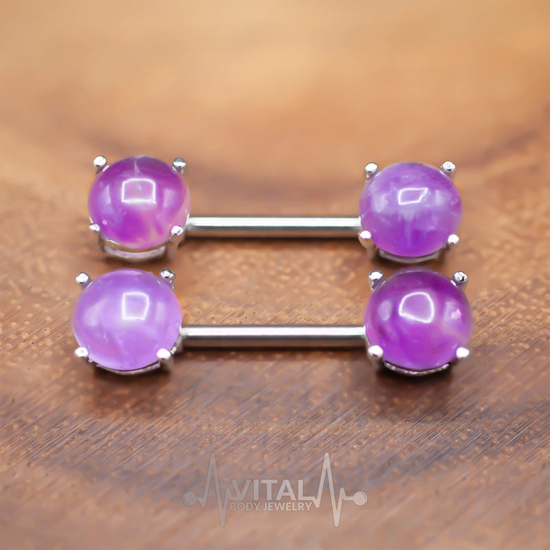 14G surgical steel nipple barbell with amethyst, turquoise, opalite, and tiger eye semi-precious stones, designed with externally threaded gems.
