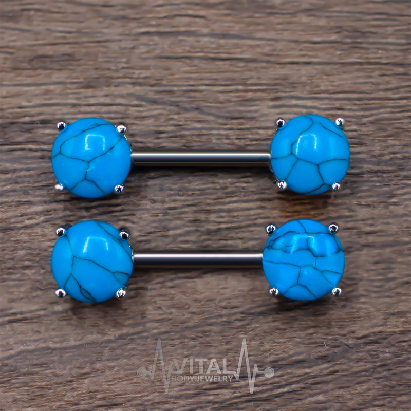 Pair of Semi-Precious Stones: Amethyst, Turquoise, Opalite and Tiger Eye - Surgical Steel Nipple Bars, 14G, Nipple Jewelry
