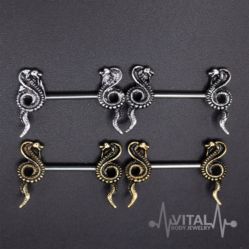 14G surgical steel nipple rings with intricate cobra design for bold body jewelry style and comfort during wear