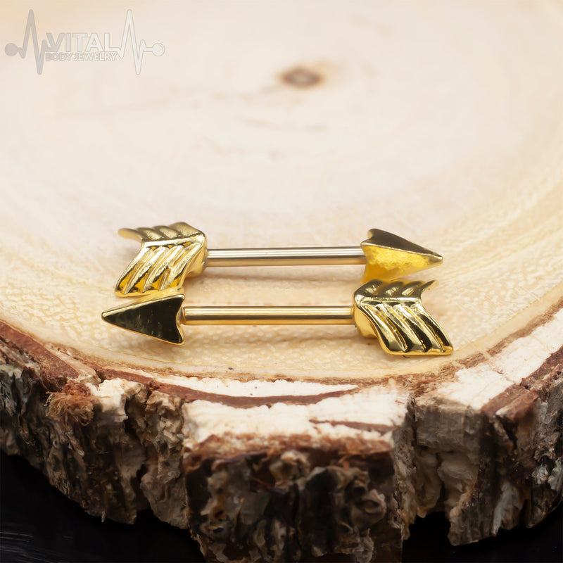 14G surgical steel nipple bars with arrow design, offering a stylish look and comfortable fit for all-day wear