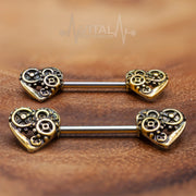Pair of SteamPunk Heart Nipple Bars Rings - 316L Surgical Steel Barbell - Antique Gold and silver color