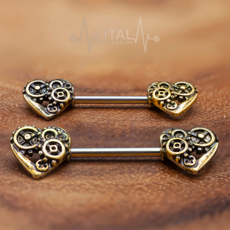 Pair of SteamPunk Heart Nipple Bars Rings - 316L Surgical Steel Barbell - Antique Gold and silver color