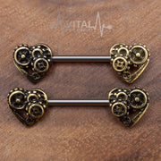 Pair of SteamPunk Heart Nipple Bars Rings - 316L Surgical Steel Barbell - Antique Gold and silver color