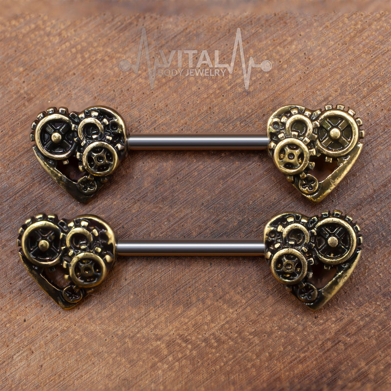 Pair of SteamPunk Heart Nipple Bars Rings - 316L Surgical Steel Barbell - Antique Gold and silver color