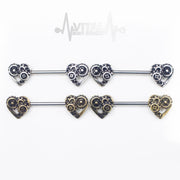 14G surgical steel nipple barbell with antique gold and silver steampunk heart design for a unique, vintage style