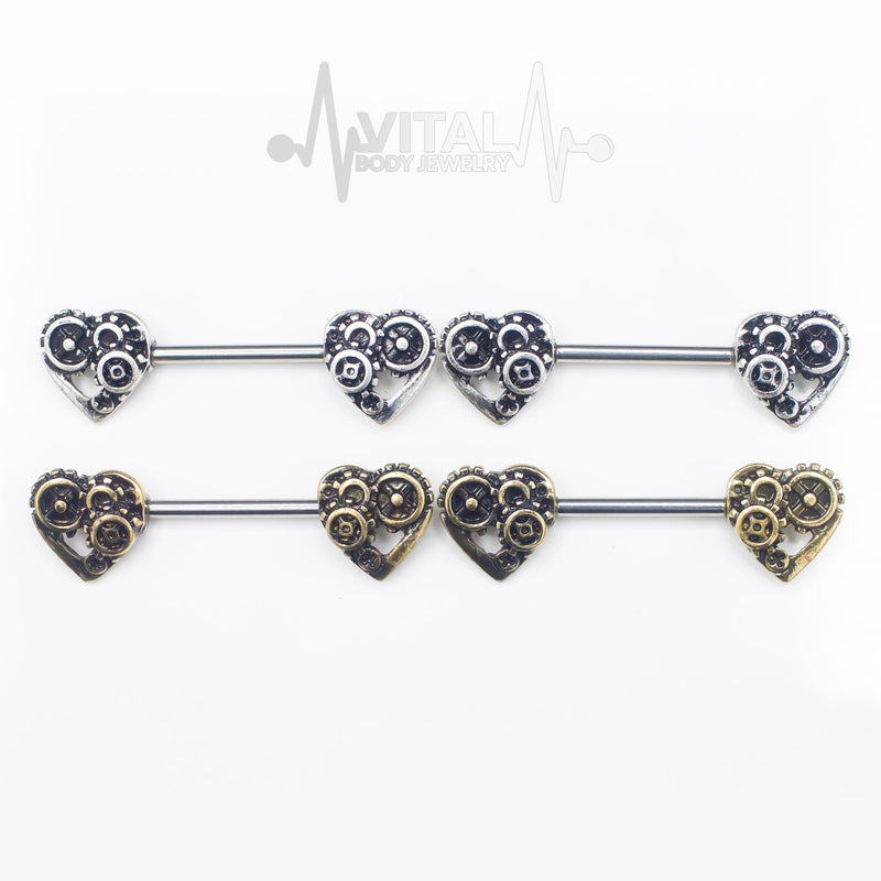 14G surgical steel nipple barbell with antique gold and silver steampunk heart design for a unique, vintage style