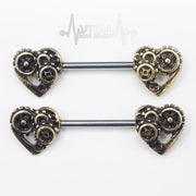 14G surgical steel nipple barbell with steampunk heart design and antique gold and silver finishes for a vintage touch