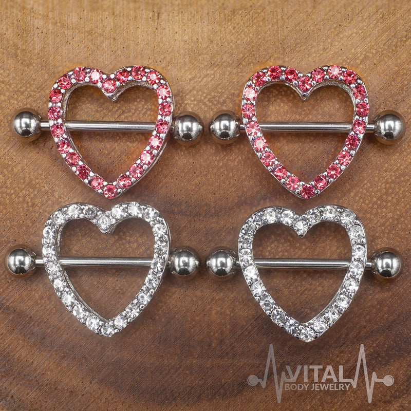 14G surgical steel nipple shields with heart design and cubic zirconia gems for stylish body jewelry