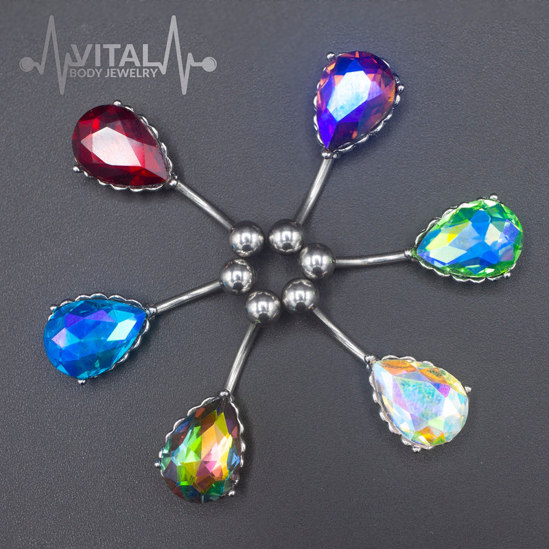 14G surgical steel belly button ring with colorful cubic zirconia gems in a heart filigree design for stylish navel piercings