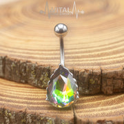 14G surgical steel belly button ring with colorful cubic zirconia gems in heart filigree design, non-dangle style