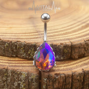 Tear Drop Navel Belly Button Ring, 14G, Colorful Gems in Heart Filigree Encasing, 316L Surgical Steel - Vital Body Jewelry